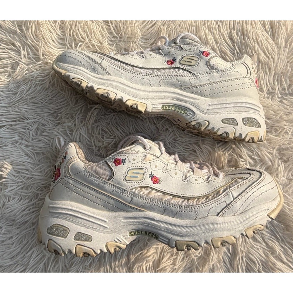 Skechers D'Lites Sneakers Womens Size 9.5 M White Floral Low Top Lace Up Shoes